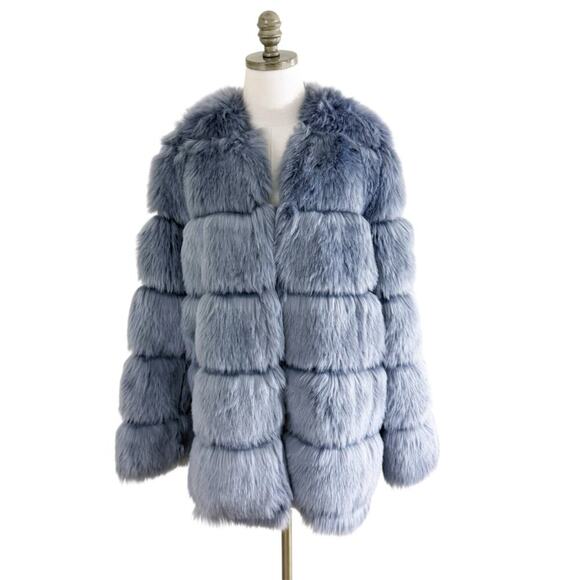 Pretty Little Thing Gray Faux Fur Bubble Coat Women's Size 6 EUC Open Front - Picture 1 of 6